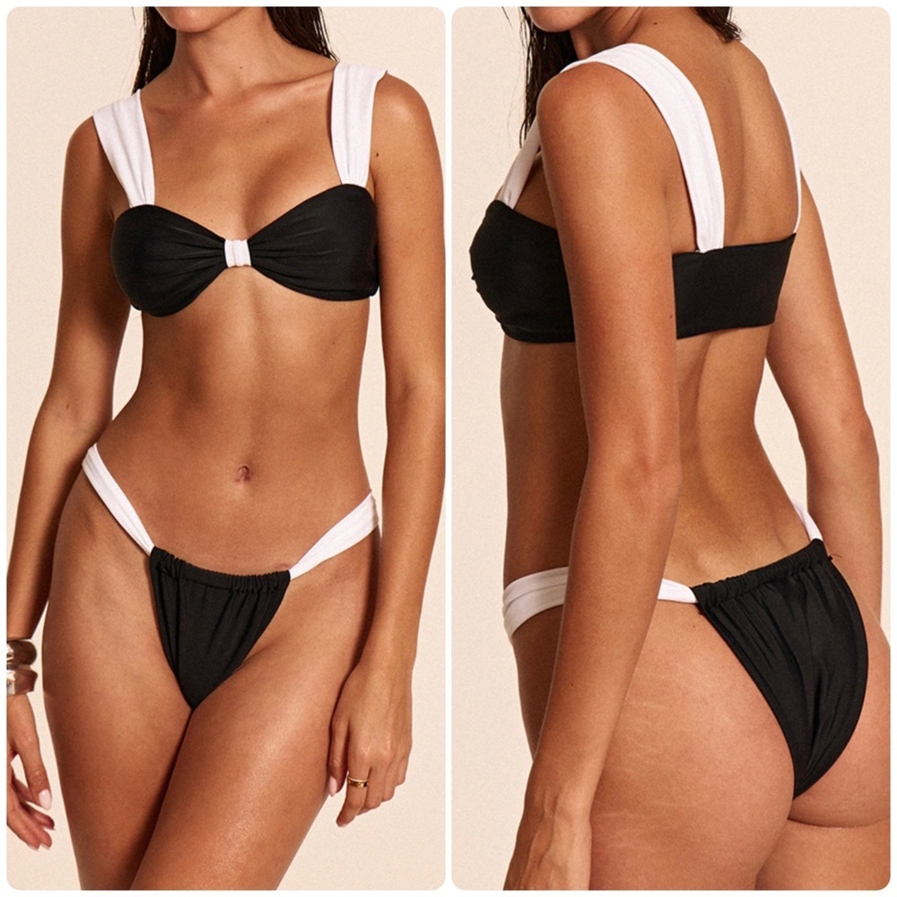 Black White Contrast Trim Thong Bikini Set